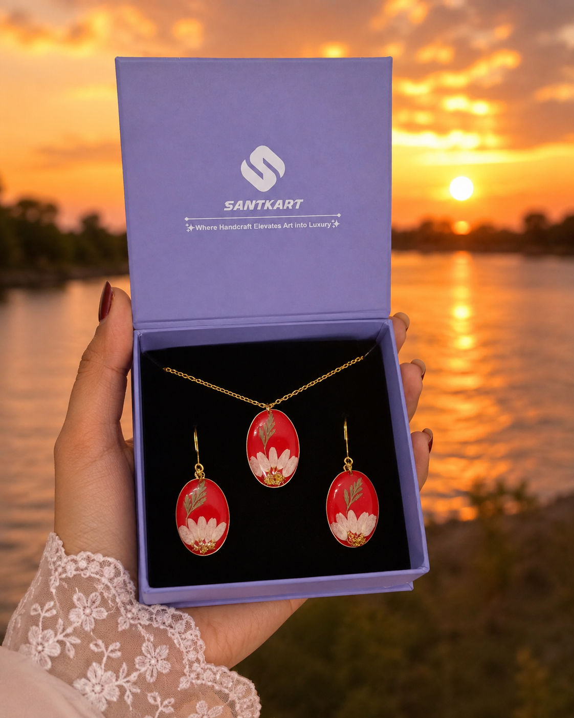 Crimson Bloom Handmade Resin Pendant & Earrings Set