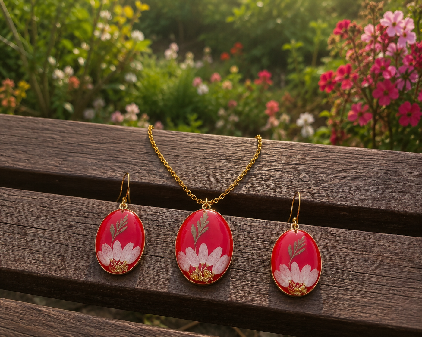 Crimson Bloom Handmade Resin Pendant & Earrings Set