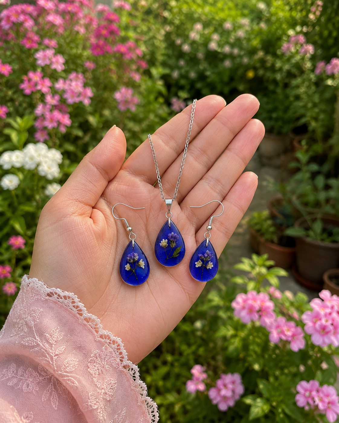 Midnight Bloom Blue Resin Floral Resin Jewelry Set