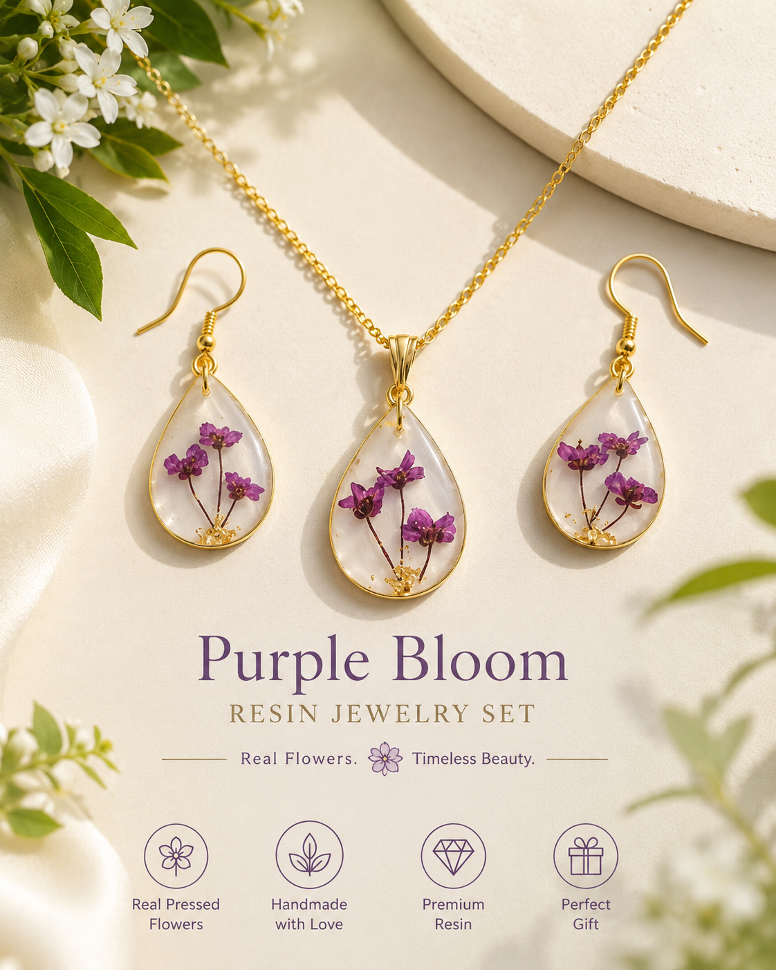 Pressed Flower Resin Jewelry Set | Handmade Teardrop Pendant & Earrings