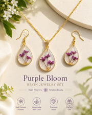 Pressed Flower Resin Jewelry Set | Handmade Teardrop Pendant & Earrings