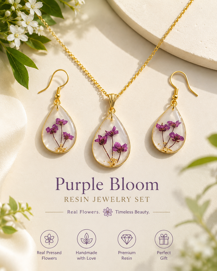 Pressed Flower Resin Jewelry Set | Handmade Teardrop Pendant & Earrings