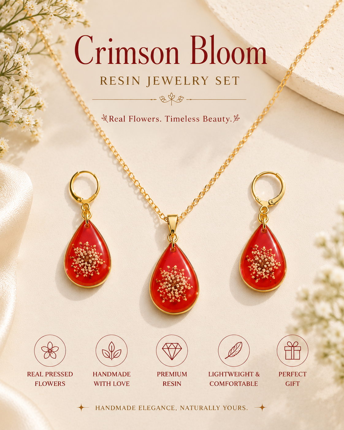 Crimson Bloom – Real Pressed Flower Resin Jewelry Set