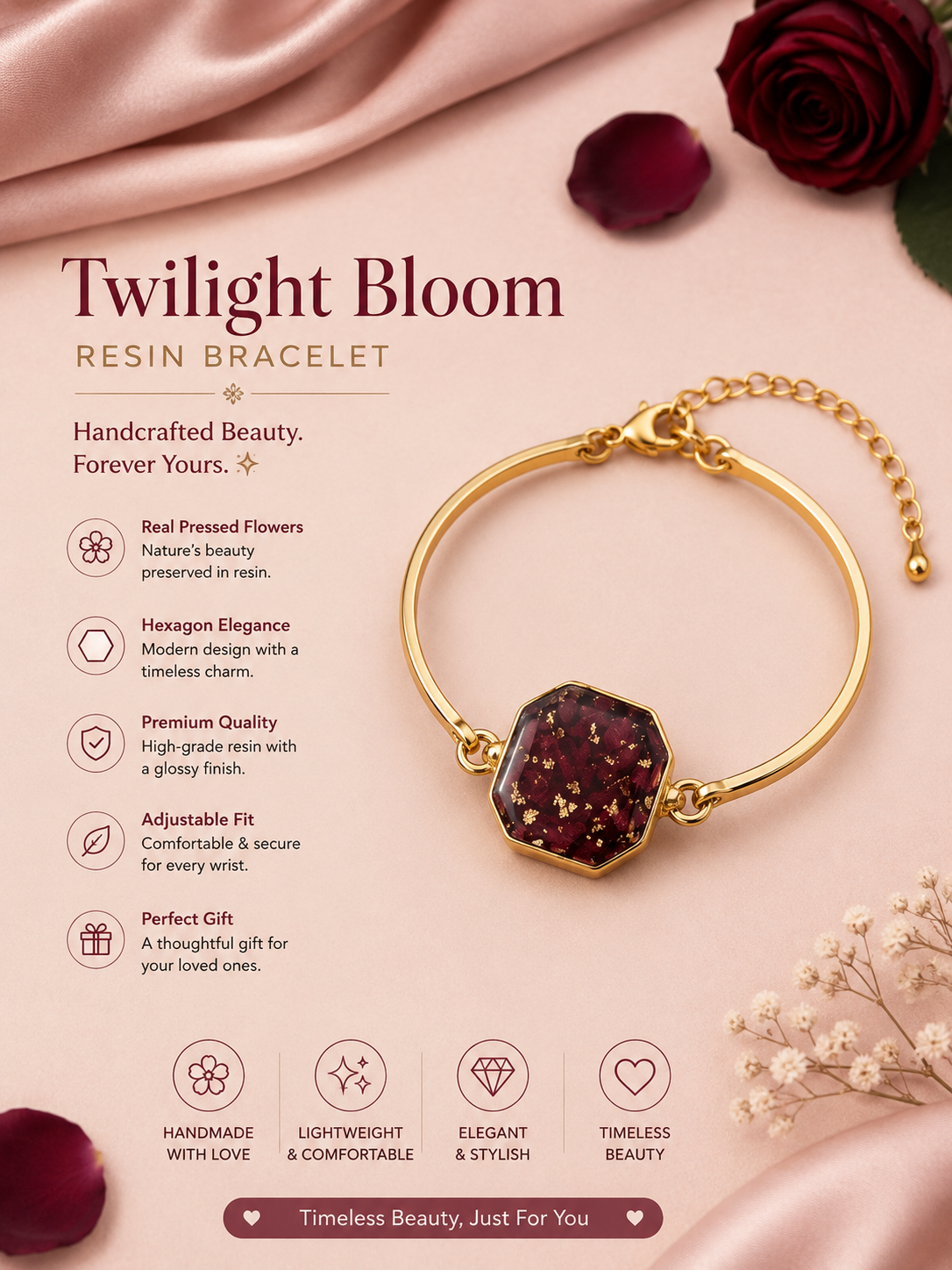 Twilight Bloom Real Rose Resin Bracelet