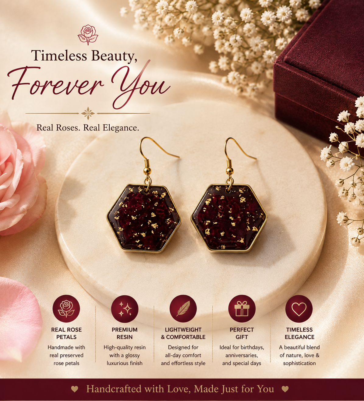 Handmade Real Rose Resin Hexagon Earrings | Romantic Gold Floral Earrings