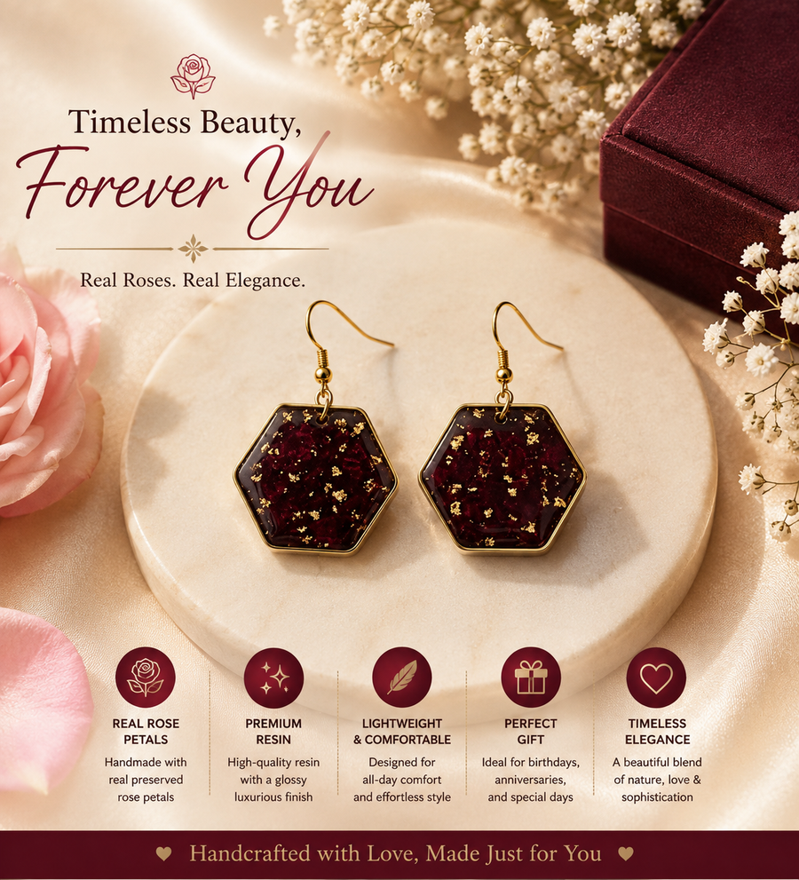 Handmade Real Rose Resin Hexagon Earrings | Romantic Gold Floral Earrings