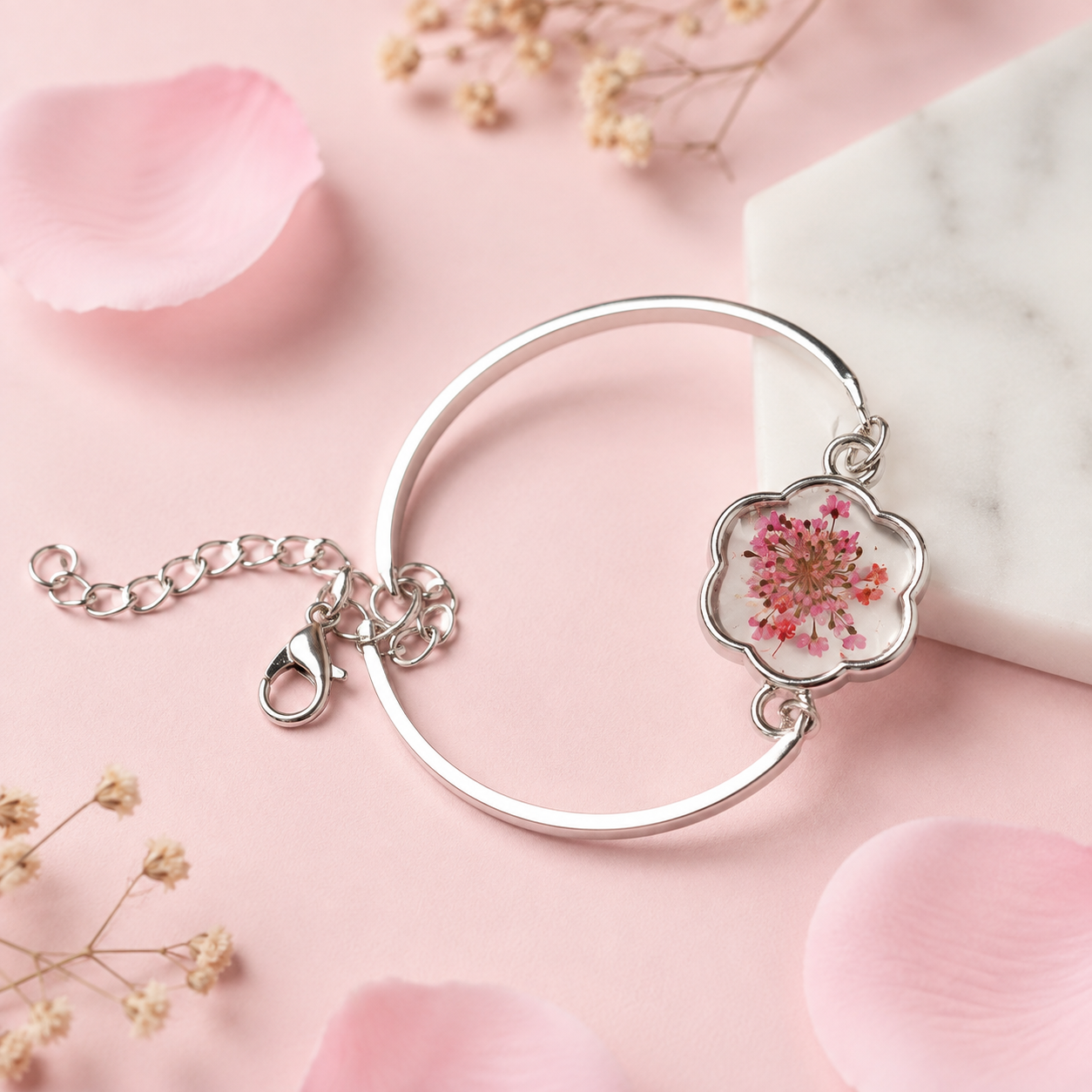 Pink Blossom Charm – Handmade Real Flower Resin Bracelet