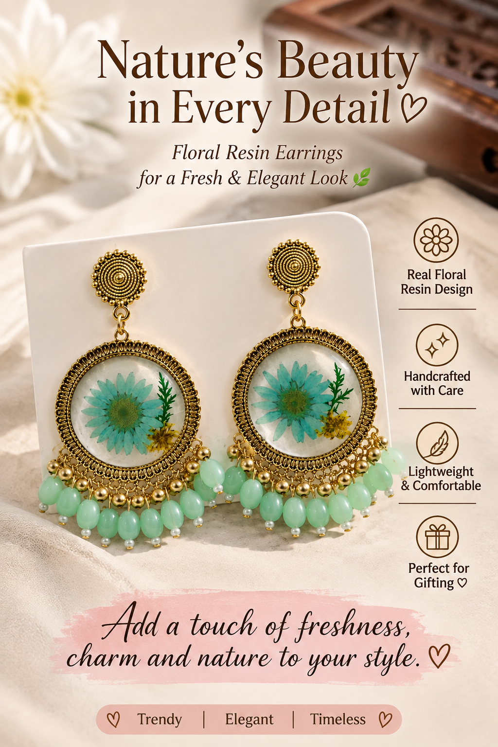Handmade Mint Green Floral Resin Dangle Jhumka