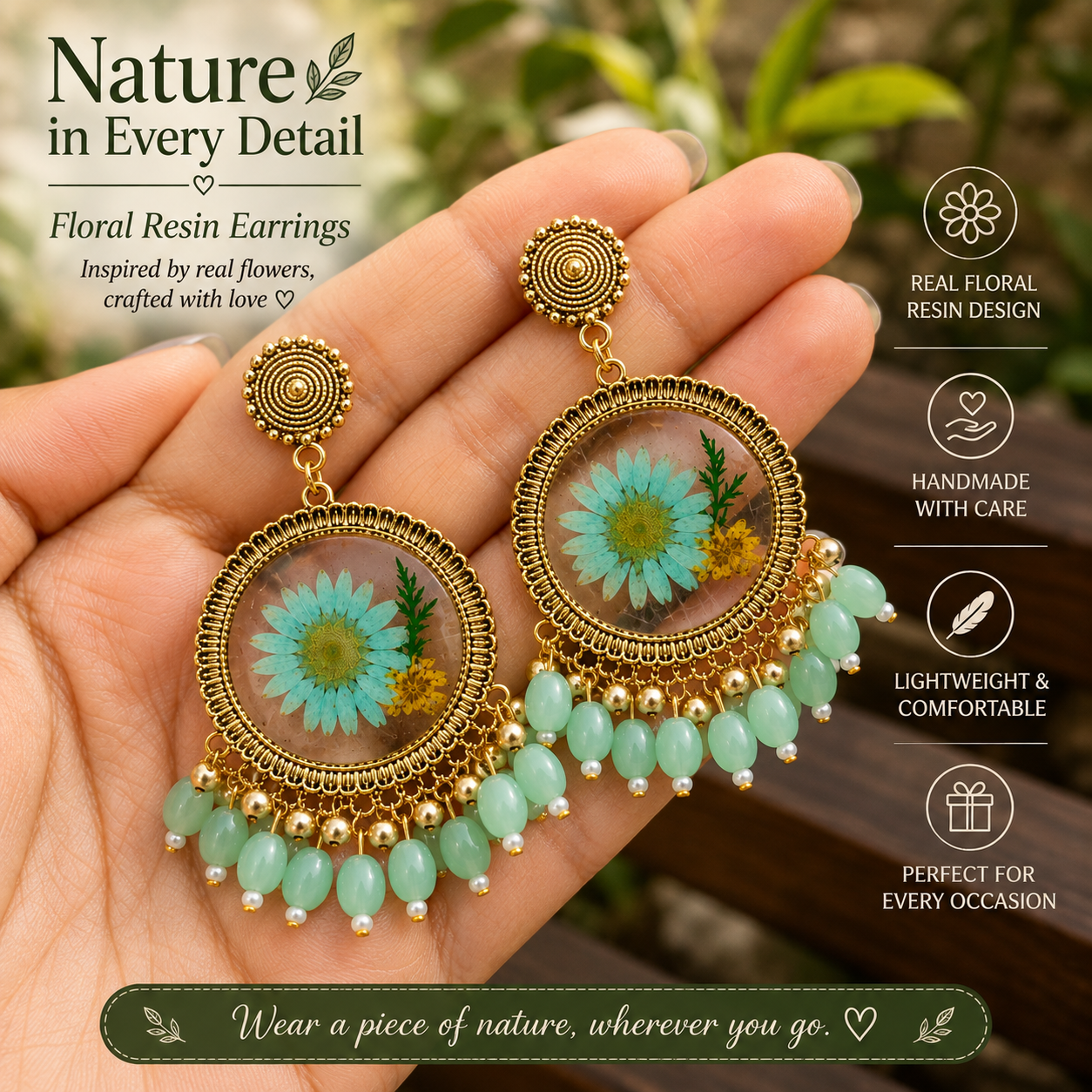Handmade Mint Green Floral Resin Dangle Jhumka