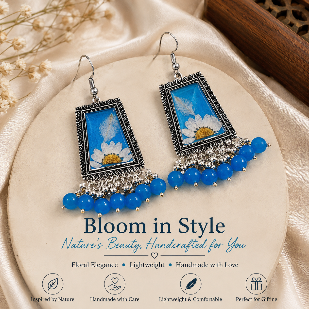 Handmade Blue Daisy Floral Resin Dangle Jhumka