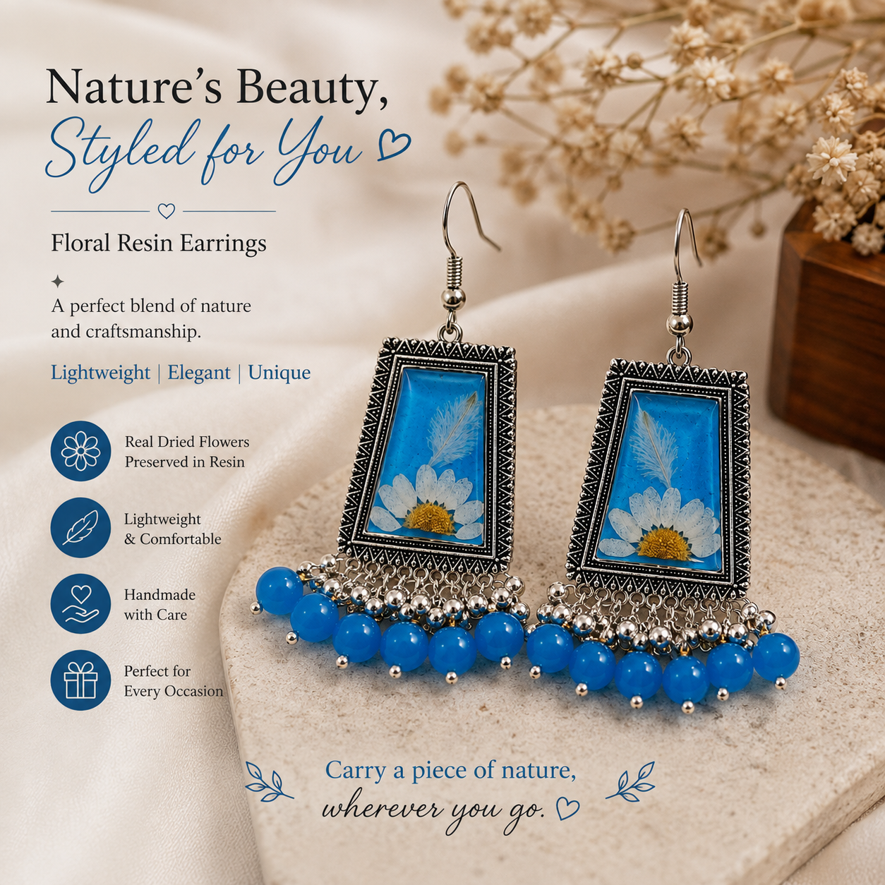 Handmade Blue Daisy Floral Resin Dangle Jhumka