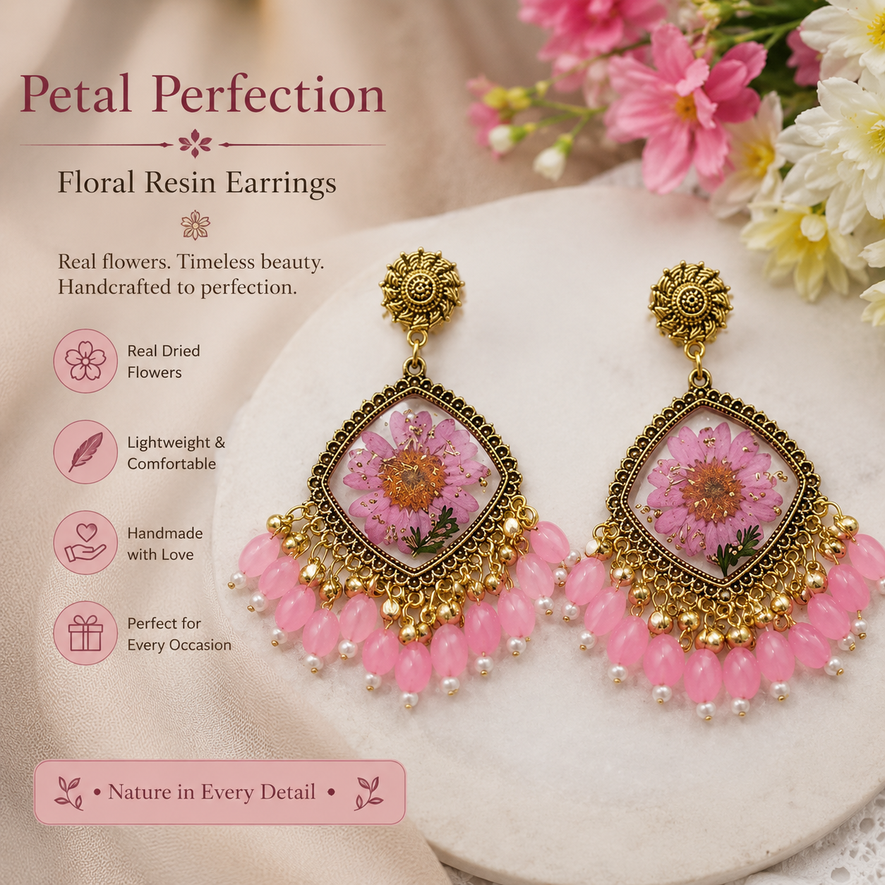 Handmade Pink Floral Resin Dangle Earrings with Real Dried Flowers Jhumka