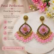 Handmade Pink Floral Resin Dangle Earrings with Real Dried Flowers Jhumka