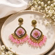 Handmade Pink Floral Resin Dangle Earrings with Real Dried Flowers Jhumka