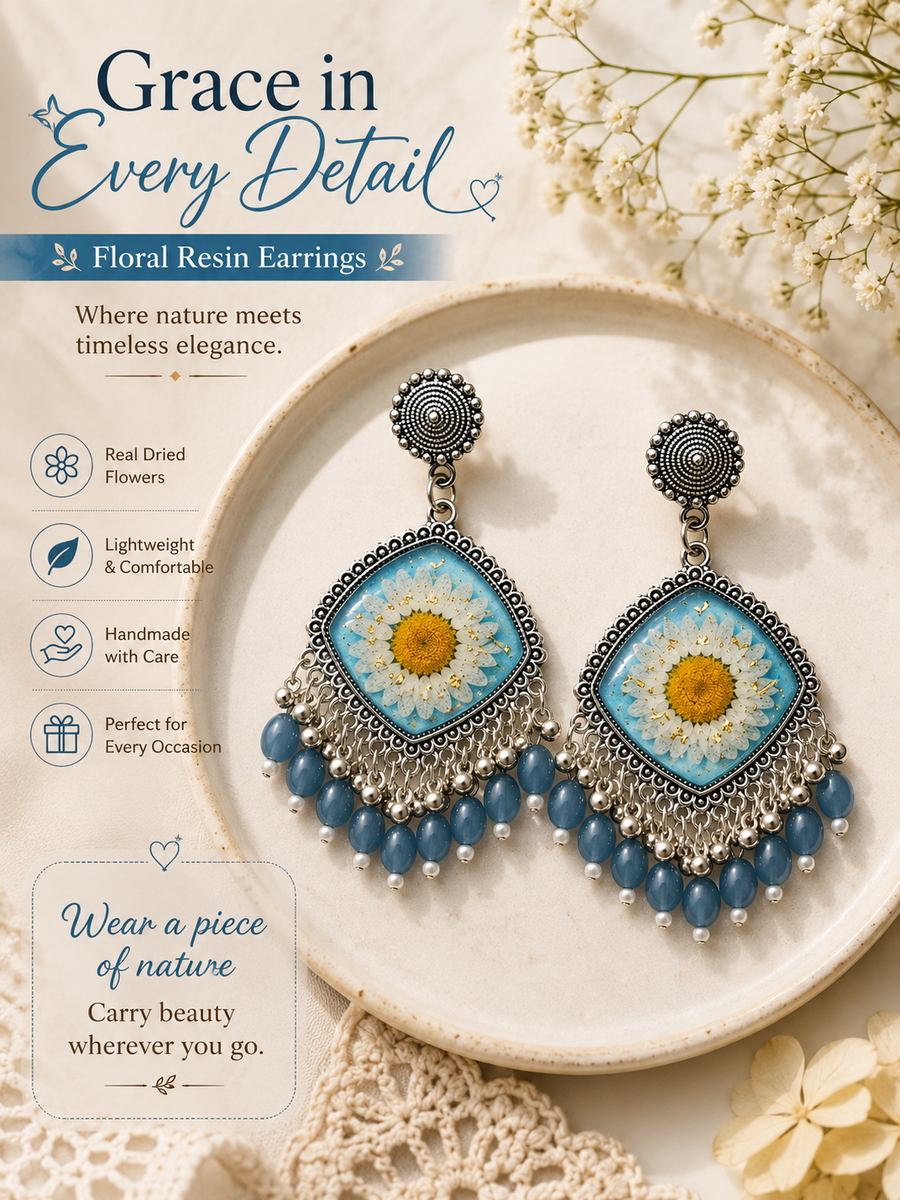 Real Dried Daisy Resin Earrings | Handmade Boho Drop Jhumka