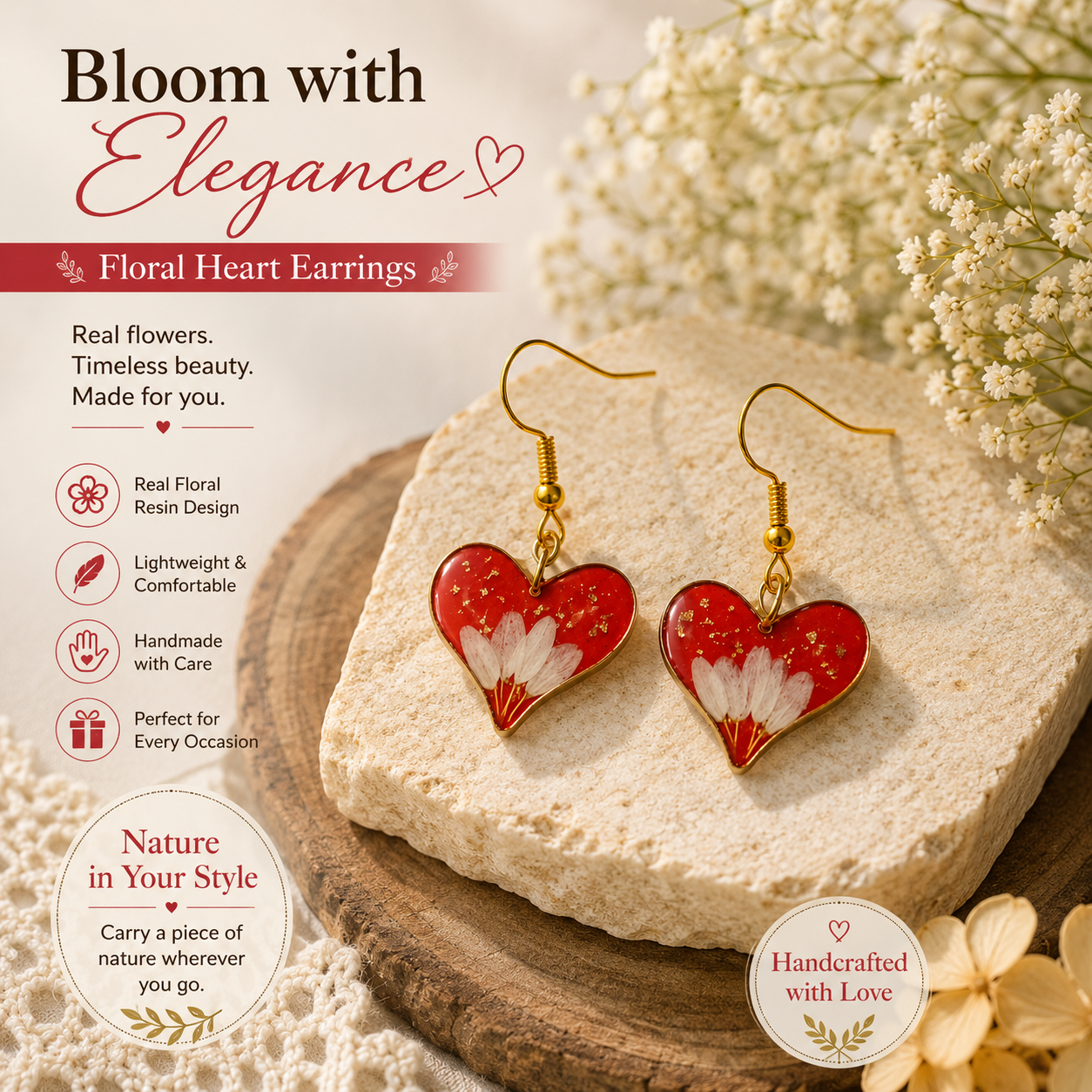 Handmade Red Heart Floral Resin Earrings