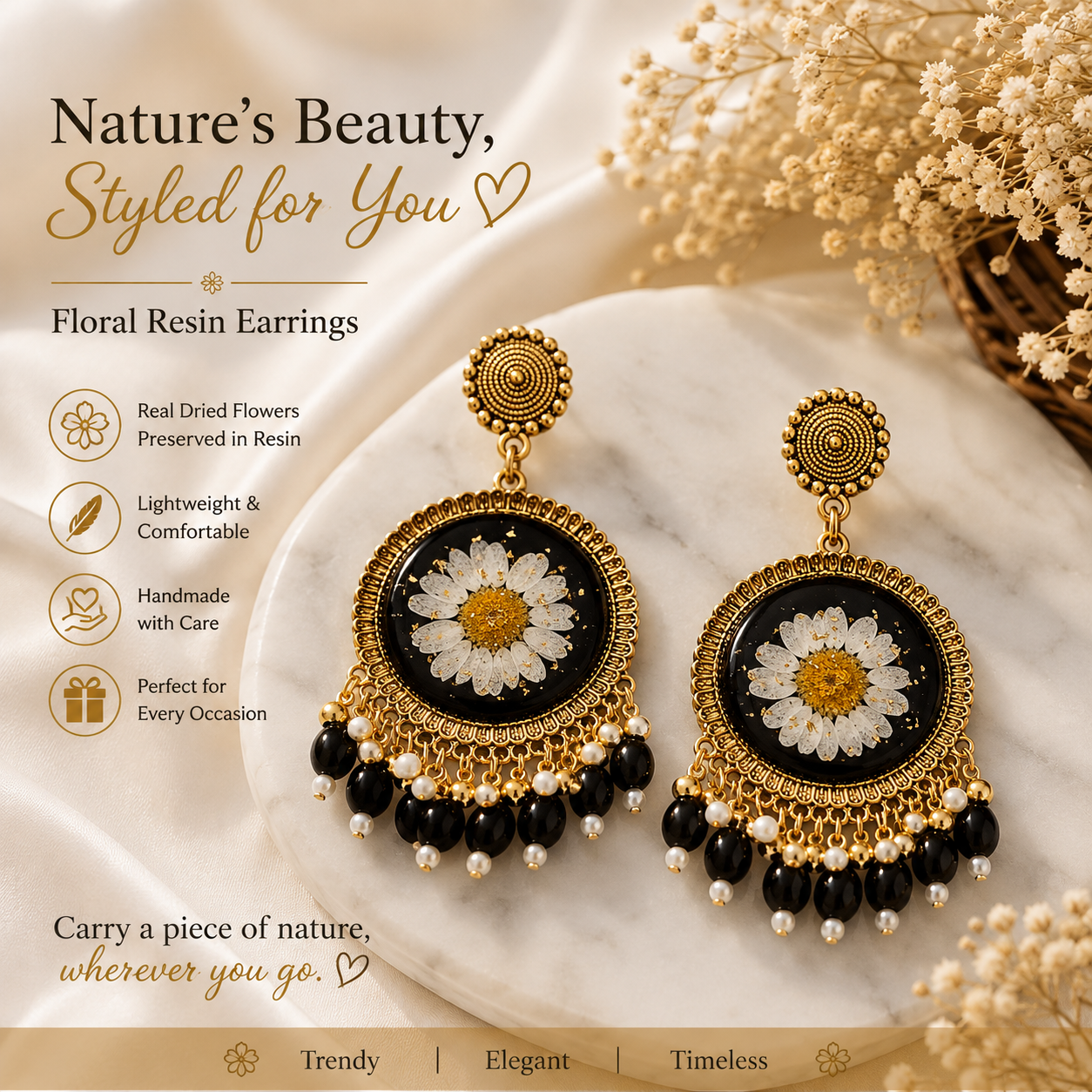 Handmade Black Daisy Floral Resin Dangle Earrings