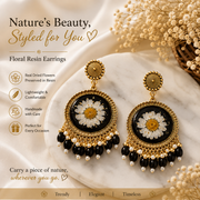Handmade Black Daisy Floral Resin Dangle Earrings