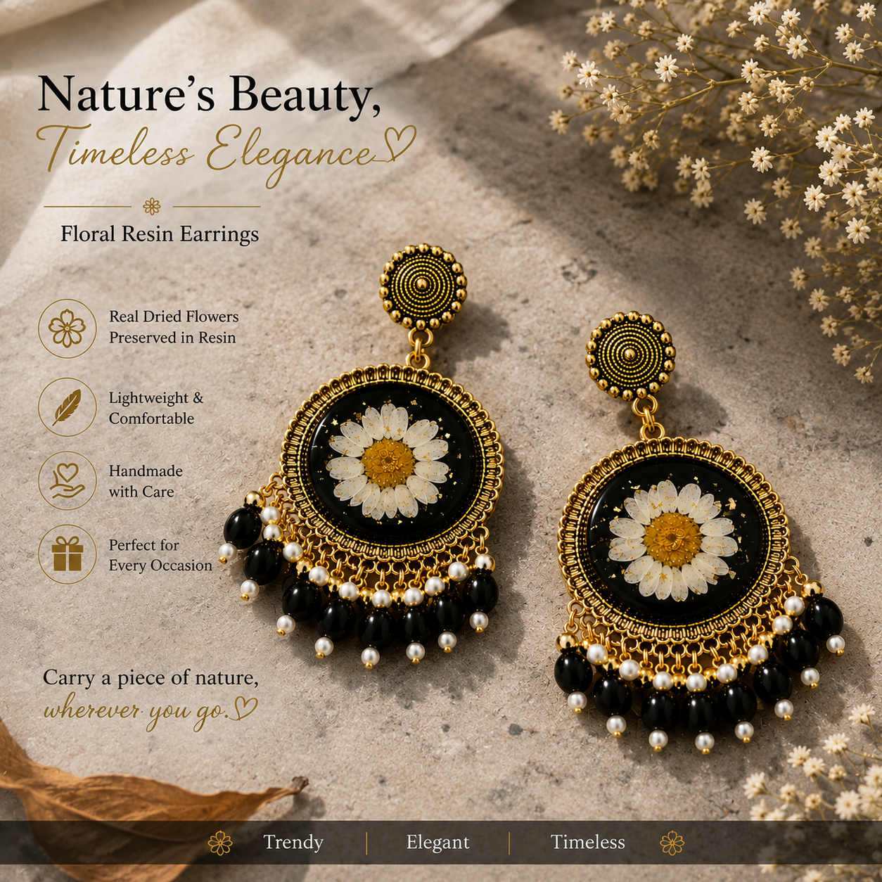 Handmade Black Daisy Floral Resin Dangle Earrings