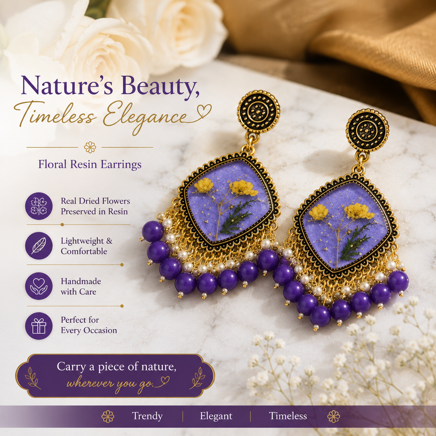 Handmade Purple Floral Resin Dangle Jhumka