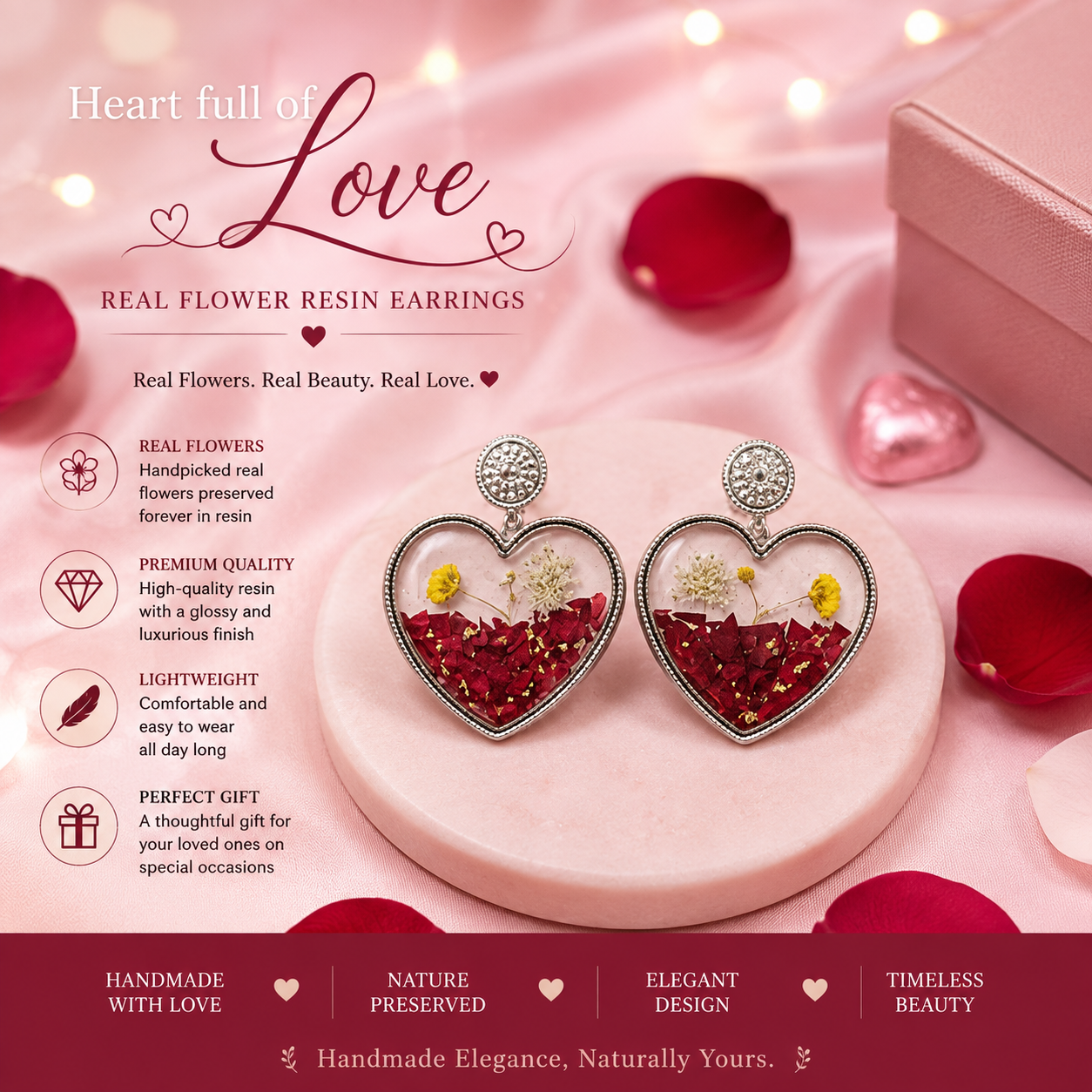 Scarlet Heart – Real Flower Resin Heart Earring