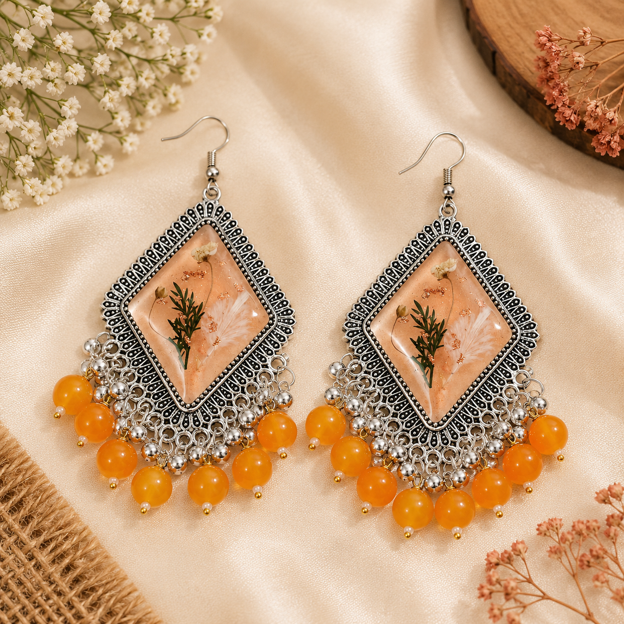Handmade Peach Blossom Floral Resin Dangle Jhumka
