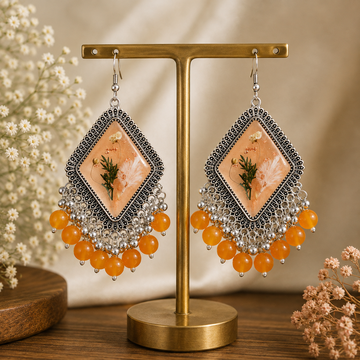 Handmade Peach Blossom Floral Resin Dangle Jhumka