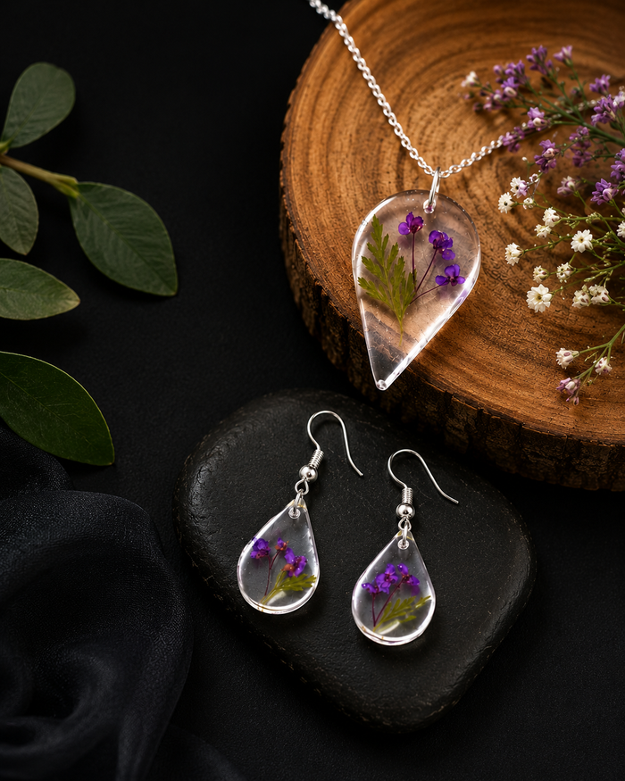 Elegant Pressed Flower Resin Jewellery Set