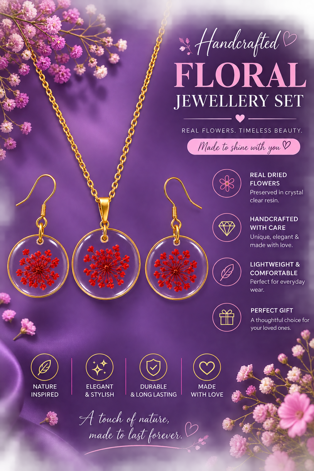 Red Flower Resin Pendant & Drop Earrings