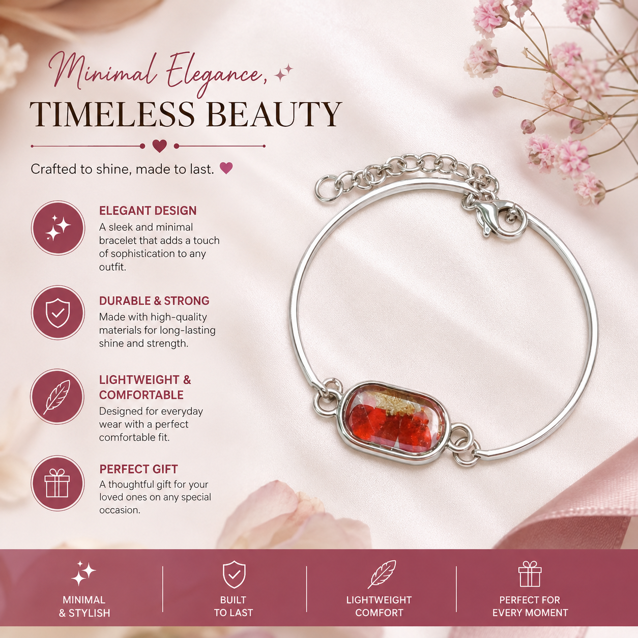 Handcrafted Red Flower Bracelet with Resin Charm