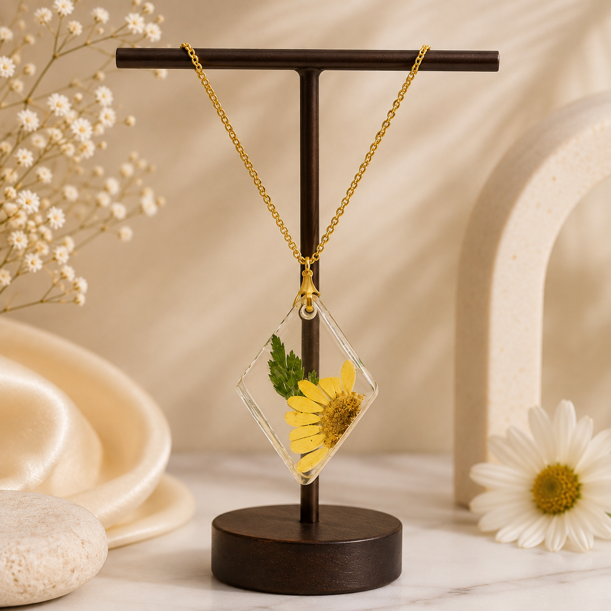 Yellow Flower Preserved Resin Pendant Necklace