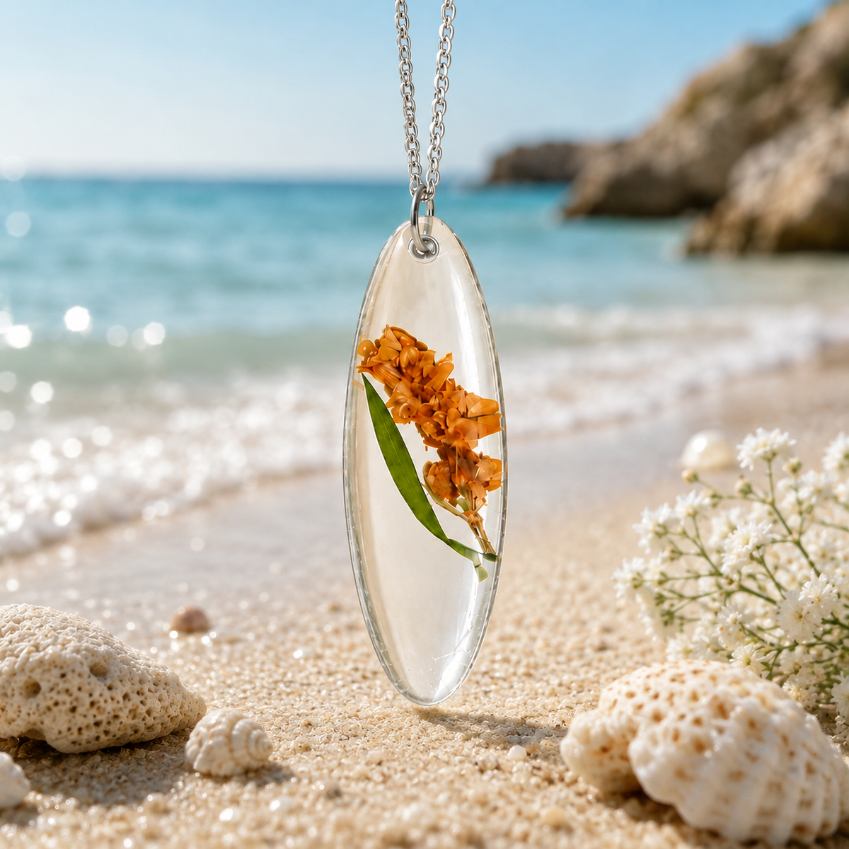 Botanical Resin Pendant with Silver Chain