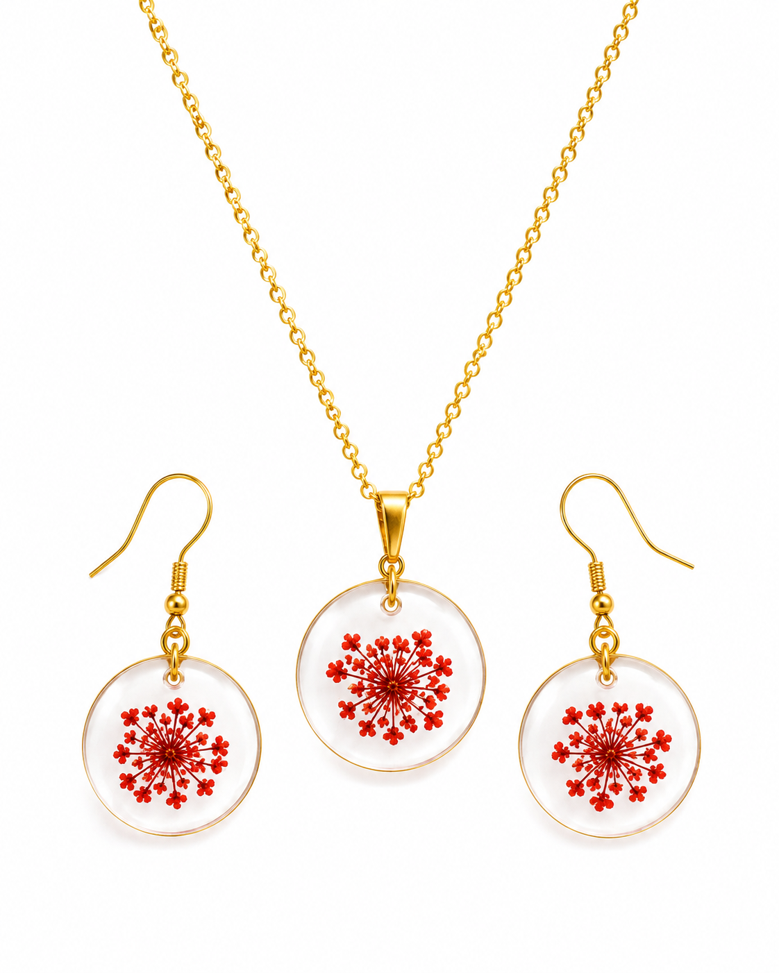 Red Flower Resin Pendant & Drop Earrings