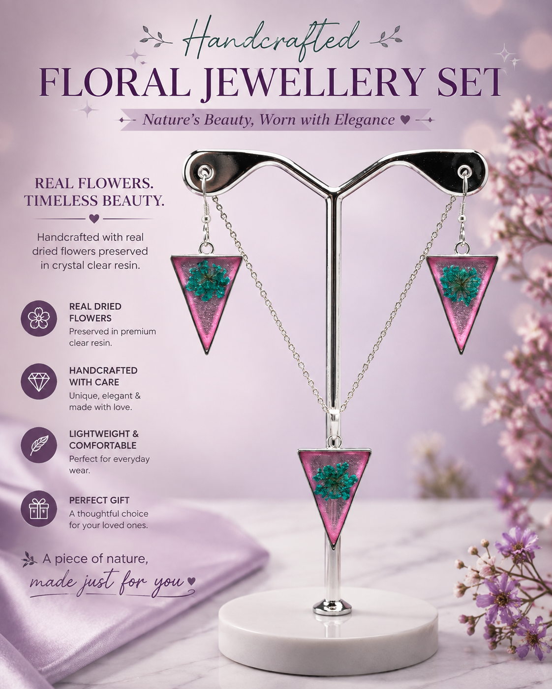 Teal Flower Pink Resin Necklace & Earrings