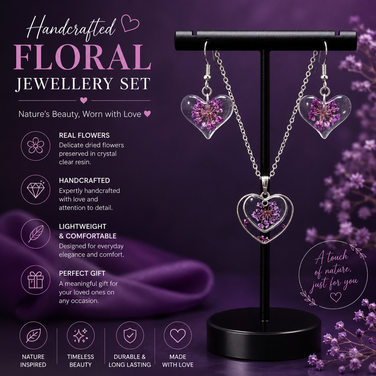 Purple Floral Heart Resin Necklace & Earrings Set
