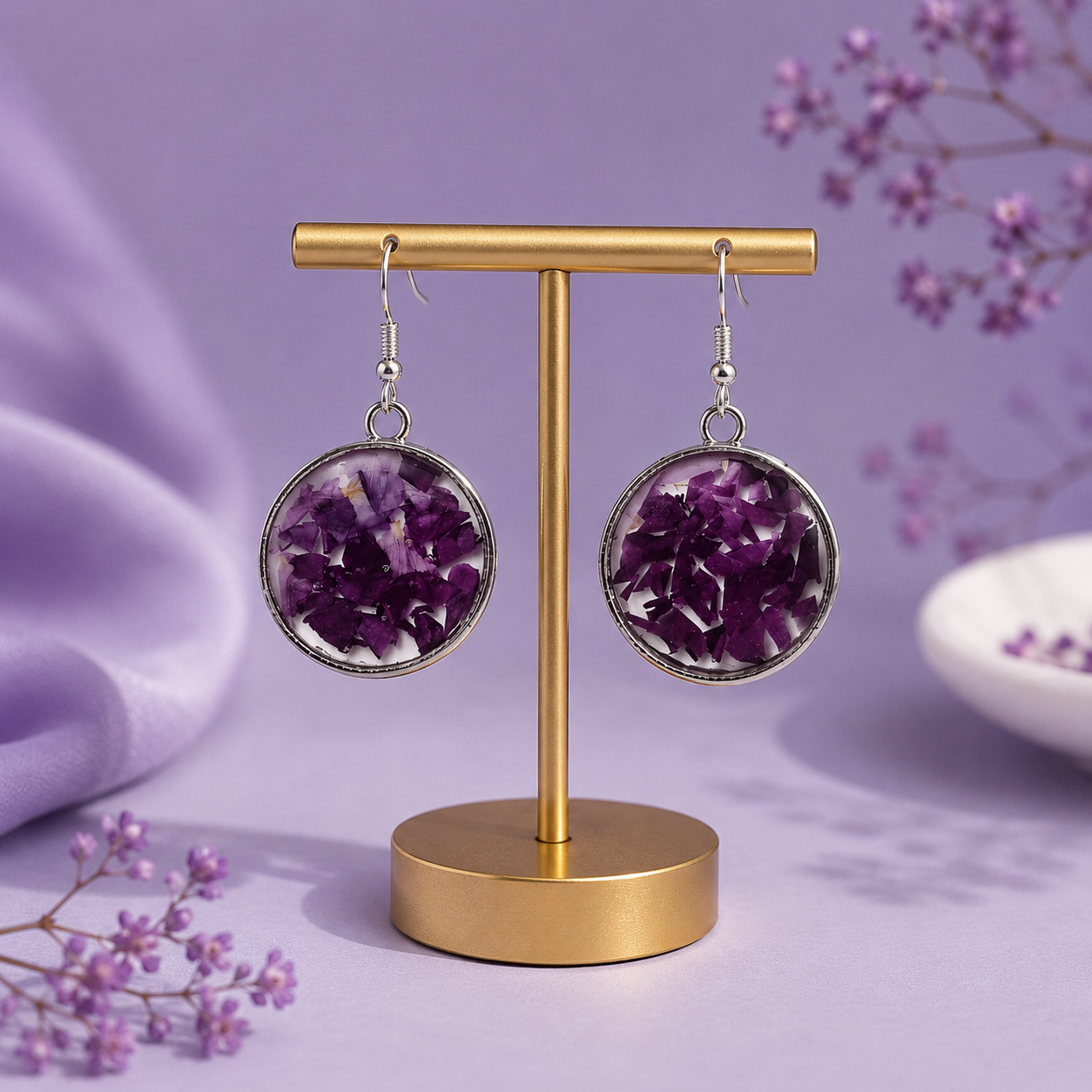 Handmade Purple Flower Resin Drop Earrings