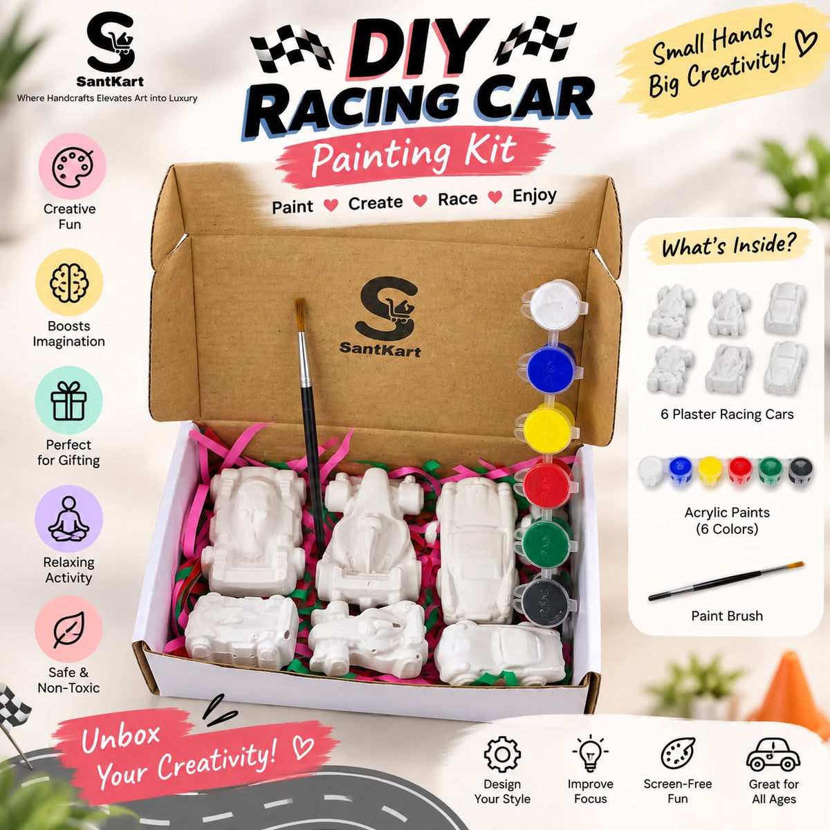 DIY Racing Car Painting Kit for Kids – 6 Plaster Cars, 6 Colors & Brush