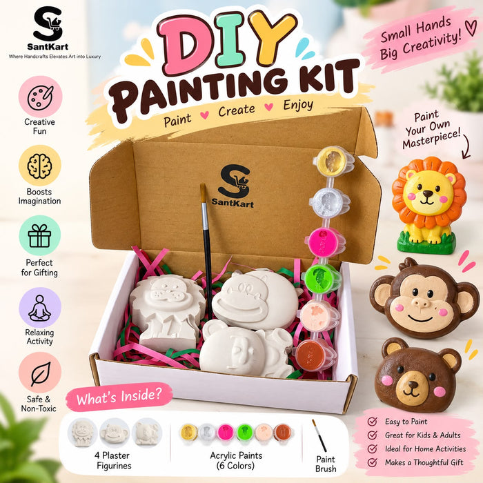 DIY Animal Painting Kit for Kids – 3 Figures, 6 Acrylic Colors & Brush