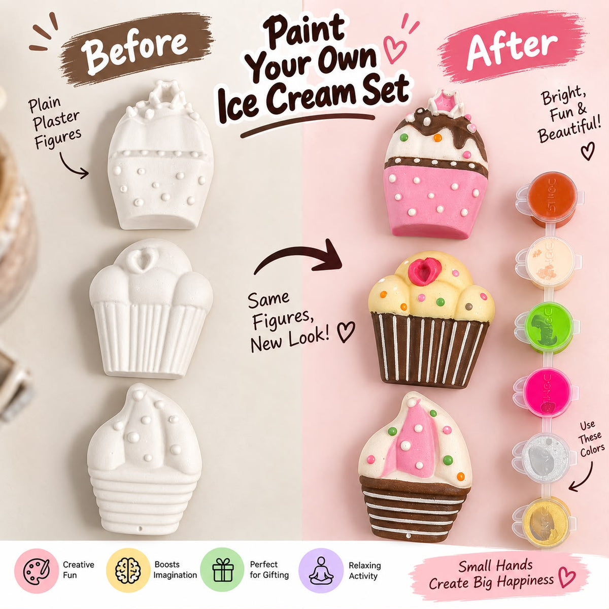 DIY Ice Cream Painting Kit for Kids – 3 Figures, 6 Acrylic Colors & Brush