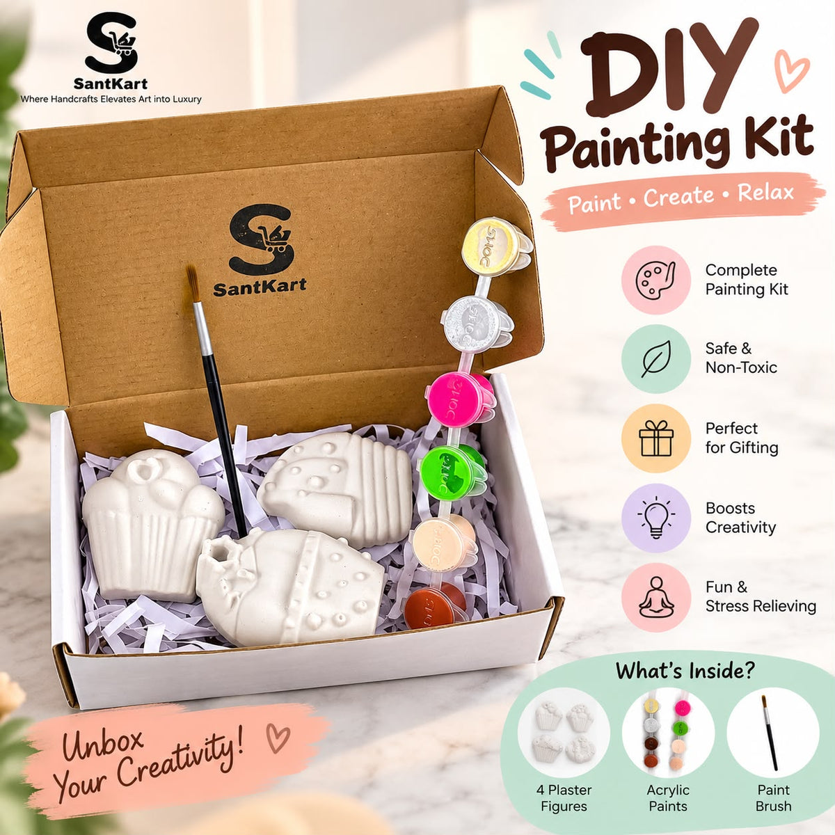DIY Ice Cream Painting Kit for Kids – 3 Figures, 6 Acrylic Colors & Brush