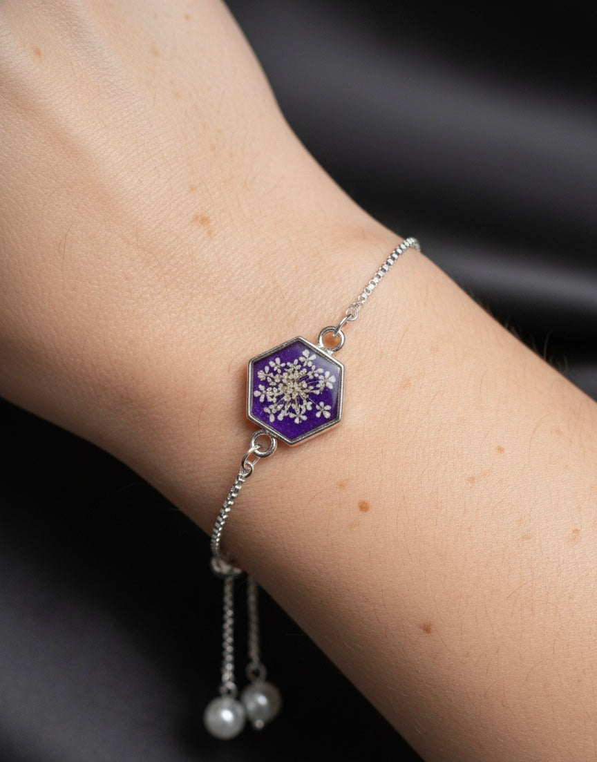 Handcrafted Purple Floral Resin Bracelet with Baby Breath