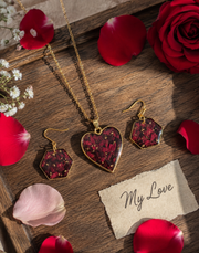 Handcrafted Real Rose Petal Resin Heart Necklace & Earrings Set