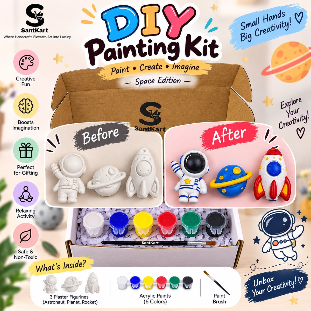 DIY Space Painting Kit for Kids – 3 Plaster Figurines, 6 Acrylic Colors & Brush