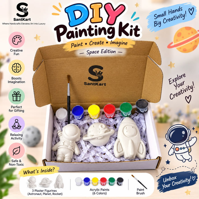 DIY Space Painting Kit for Kids – 3 Plaster Figurines, 6 Acrylic Colors & Brush