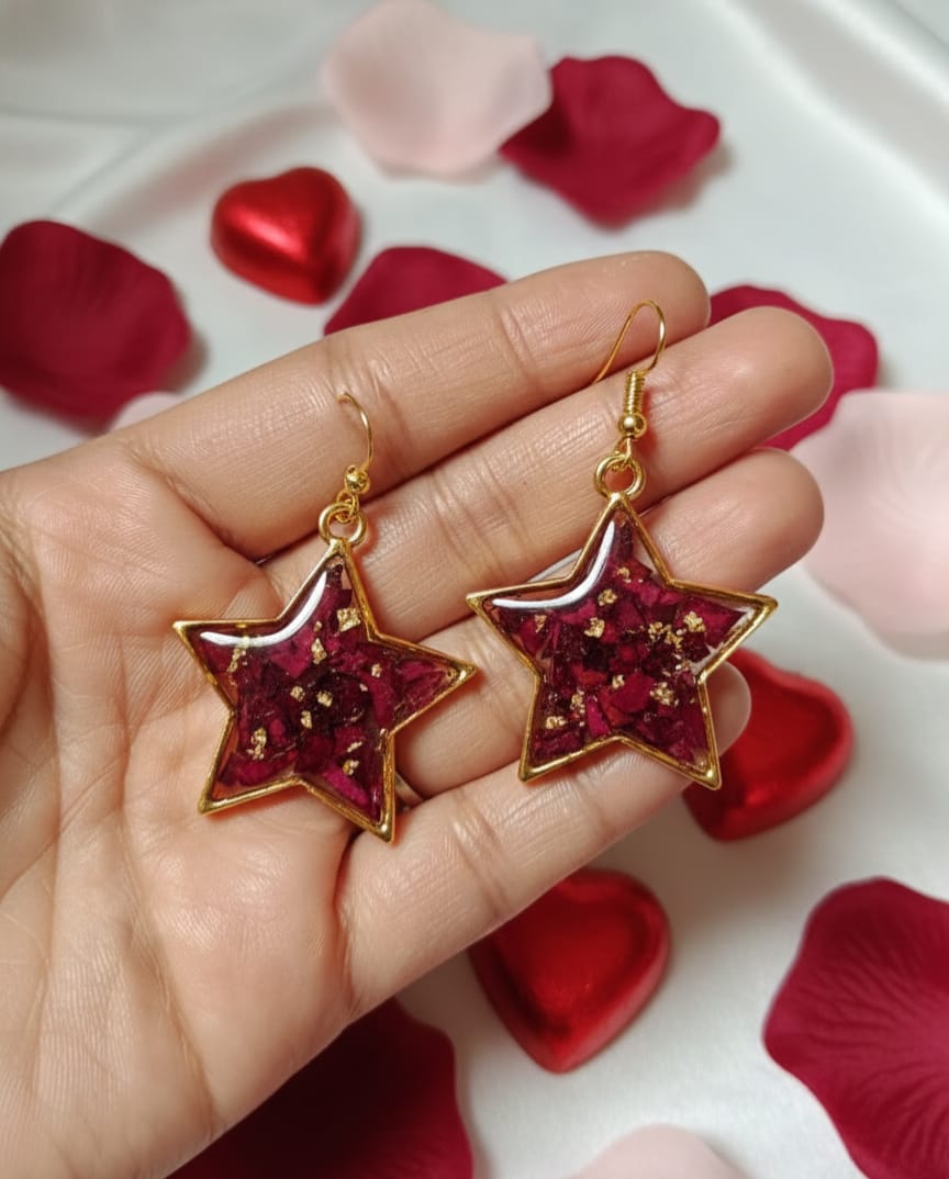 Handcrafted Rose Petal Resin Star Earrings with Gold Flakes