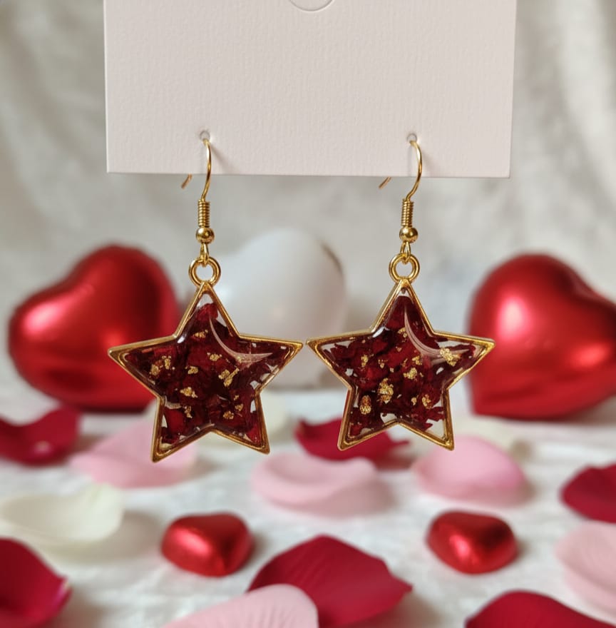 Handcrafted Rose Petal Resin Star Earrings with Gold Flakes