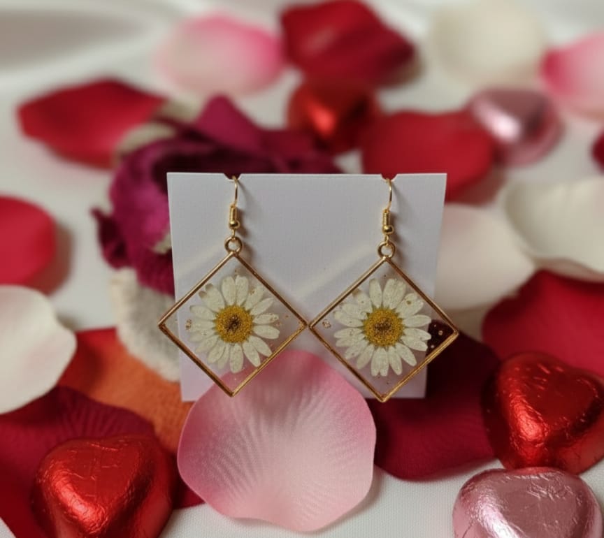 Handcrafted White Daisy Resin Earrings with Gold-Tone Square Frame