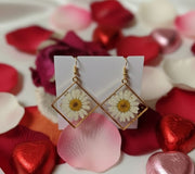 Handcrafted White Daisy Resin Earrings with Gold-Tone Square Frame