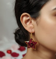 Handcrafted Rose Petal Resin Star Earrings with Gold Flakes