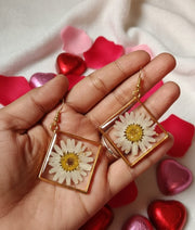 Handcrafted White Daisy Resin Earrings with Gold-Tone Square Frame